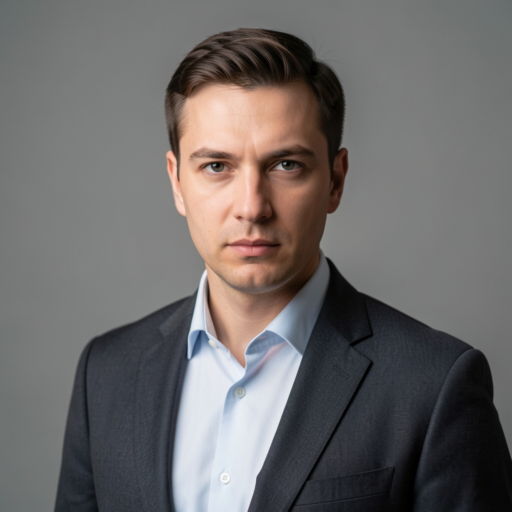 Марк Уэйнрайт — американский медиааналитик с пронзительным взглядом, в деловой рубашке, на нейтральном сером фоне